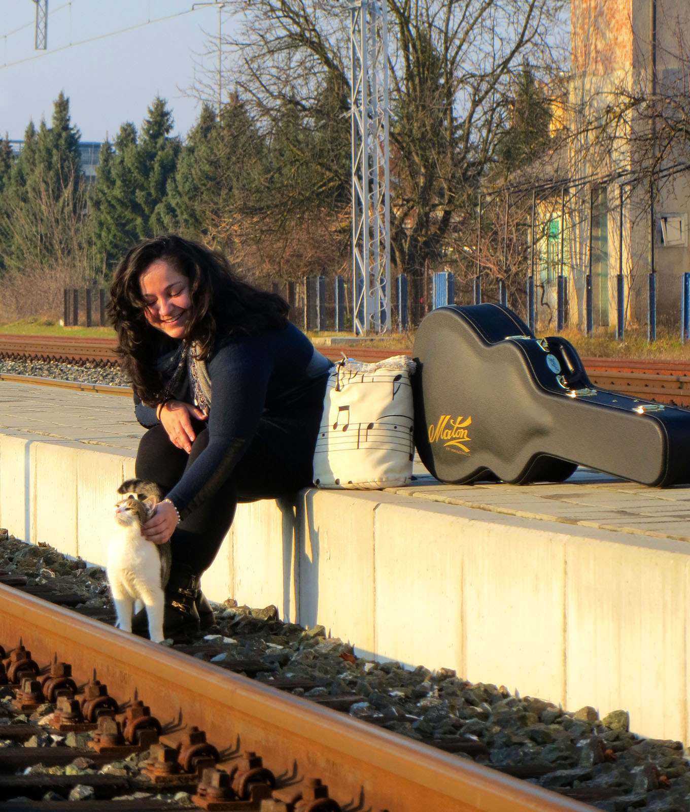 domaća mačka, Maton gitara, note, putovanje, čekanje, vlak, postaja, zalazak sunca